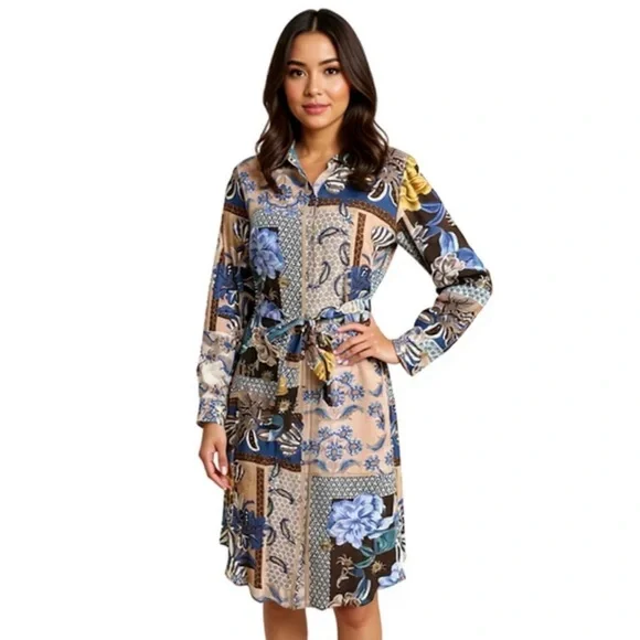 TALBOTS printed long sleeve viscose dress 14 work career slimming soft loose fit - Picture 2 of 11